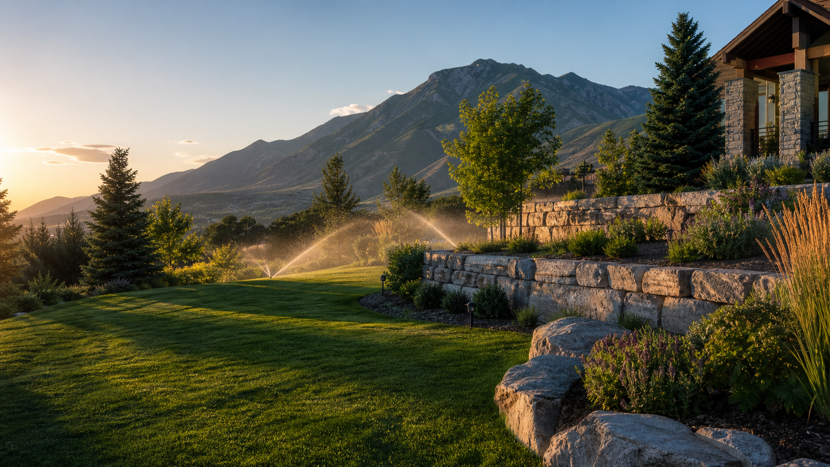 Custom Ogden Utah landscape with stone walls and layered planting